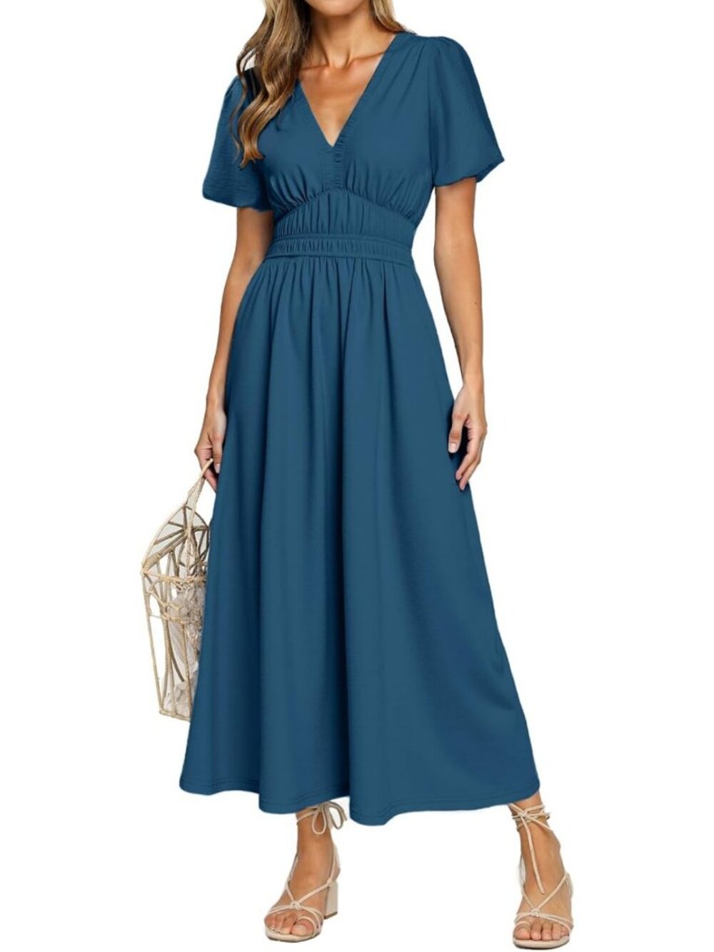 Flowy Midi Dress for Women - Casual V Neck, Short Sleeve, Empire Waist, Boho